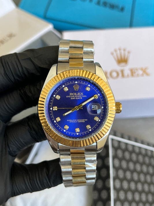 Rolex Style Oyster Perpetual Day-Date Two-Tone Blue Dial Watch