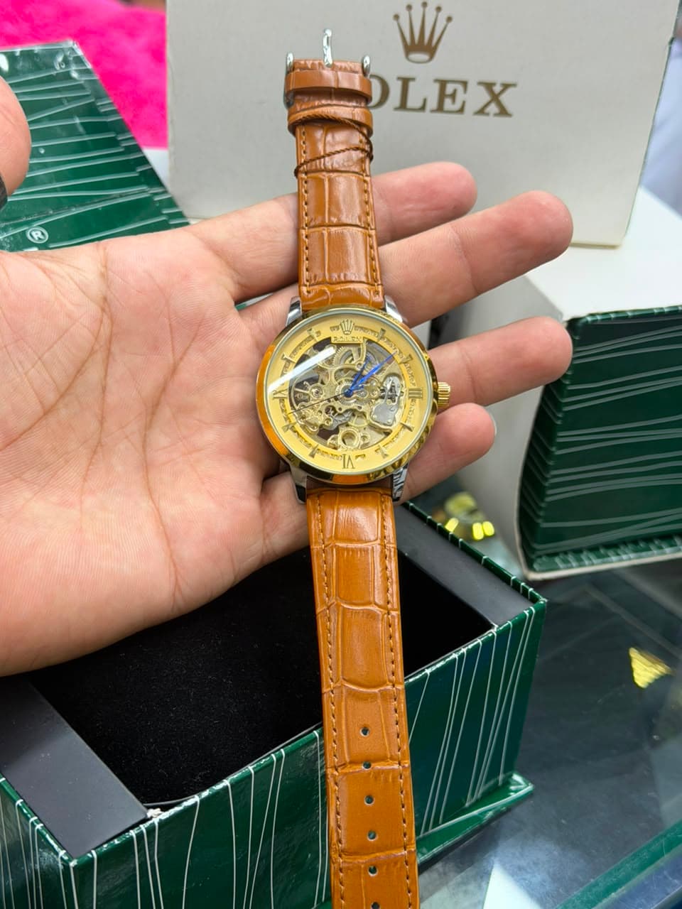 Rolex Style Mechanical Skeleton Watch with Croco-Leather Strap