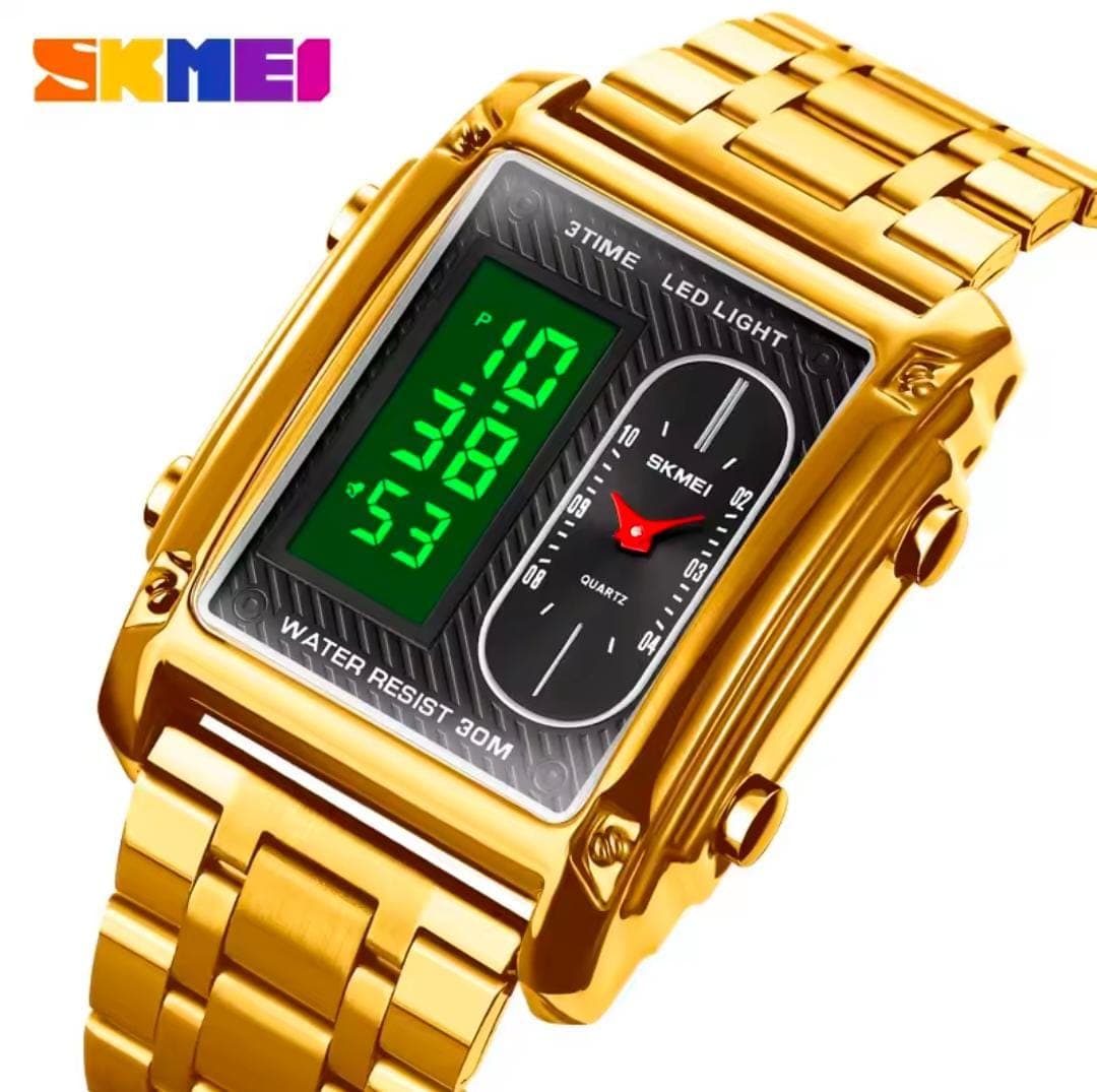 SKMEI Luxury Rectangular Dual Time Gold Digital Watch